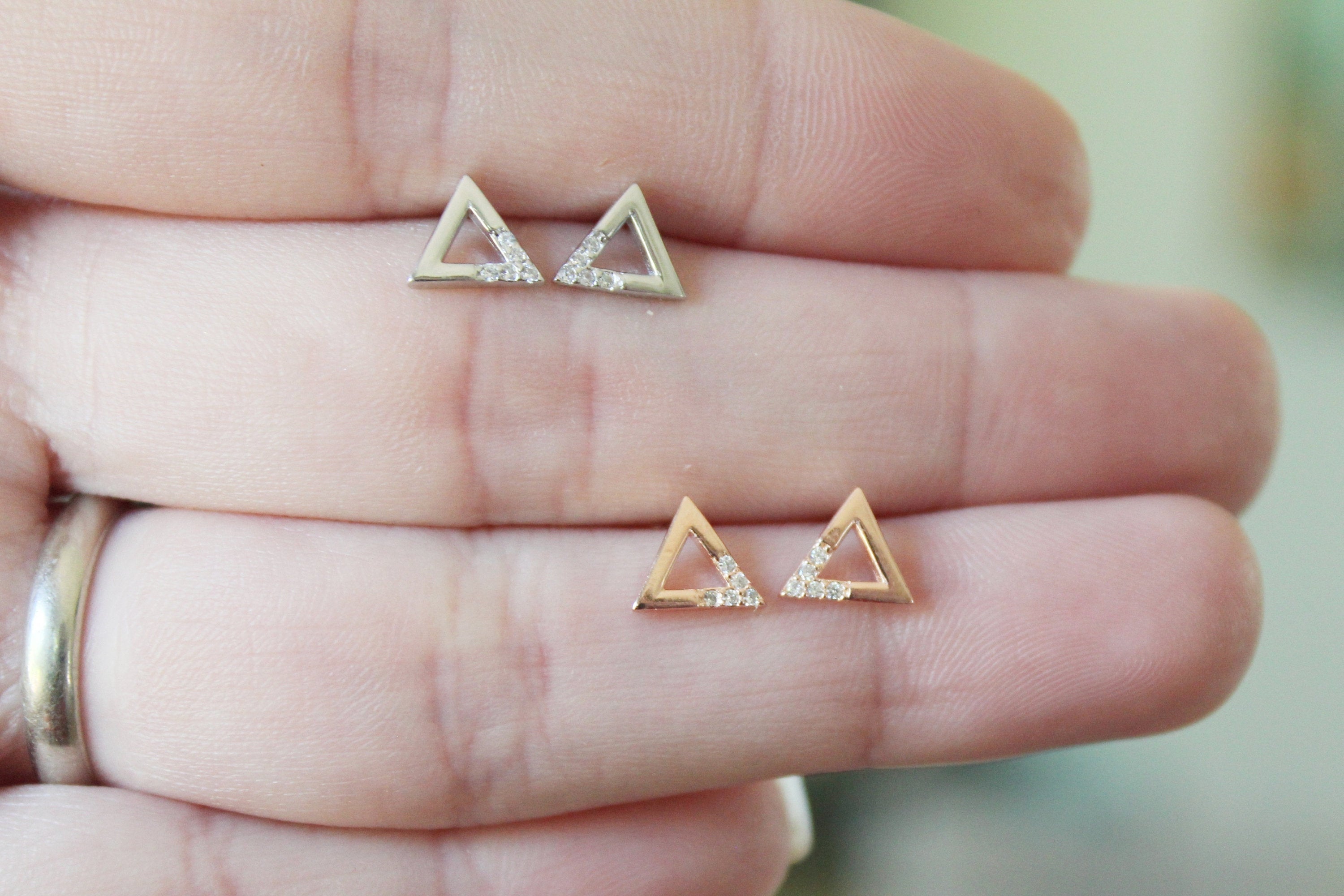 Dainty Triangle - 925 Sterling Silver Studs, | Tiny Triangle Earrings |  Pave Stud Earrings